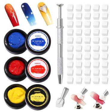 Imagem de Karroy Conjunto de esmalte de gel Sponge Pat, azul, vermelho, amarelo, 3 cores, esmalte de gel ombré, pintura gradiente, arte de unhas, sem pano, curado por UV/LED (50 esponjas, agarrador e 3 cores