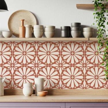 Imagem de MEIHEA Pacote com 16, adesivos de azulejo boho terracota sunburst de 15,9 x 15,9 cm, adesivos de vinil à prova d'água, azulejos autoadesivos para cozinha Backsplash, decoração de escada de parede