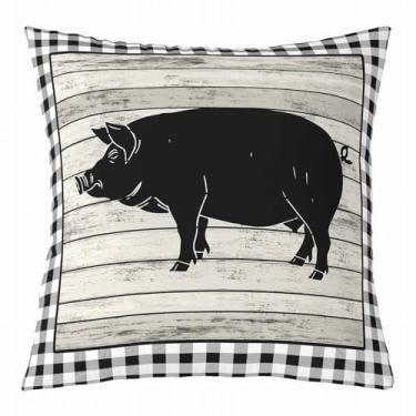 Imagem de jejeloiu Capas de almofada de porco 50,8 cm x 50,8 cm 1 peça capa de almofada de madeira rústica vintage animais de fazenda para meninos meninas adolescentes xadrez xadrez preto moderno decoração de