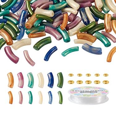 Imagem de Spritewelry 160 peças de contas de tubo de bambu para pulseiras que fazem contas de tubo grosso de acrílico com espaçador de latão, fio de cristal elástico para fazer pulseiras de empilhamento faça