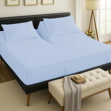 Imagem de Lençóis King divididos com 4 peças, 800 fios, 100% algodão egípcio, para cama ajustável, cama número de dormir, lençol de cima flexível de 99 cm, bolso profundo de 38 cm - Azul claro liso