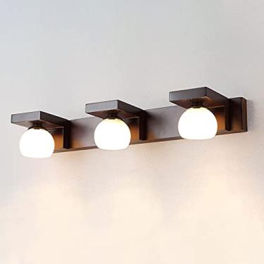 Imagem de Luminária de banheiro com espelho, arandela de madeira com abajur de vidro branco, luminárias frontais com espelho para quarto, sala de estar, lavabo e corredor, iluminação com moldura (cor:
