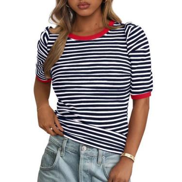 Imagem de Camiseta feminina PRETTYGARDEN de verão, colorida, listrada, azul mari