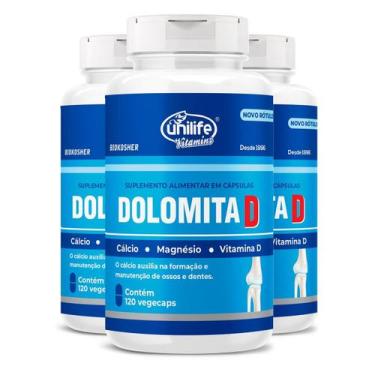 Imagem de Kit 3 Dolomita Com Vitamina D Unilife 120 Cápsulas