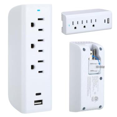 Imagem de Extensor de tomada multitomada, 3 portas AC + 2 portas USB A e C com luz indicadora, estação de carregamento de 3 pinos 15 A/125 V/1875 W, chave de parede 490 J com proteção contra picos de tensão