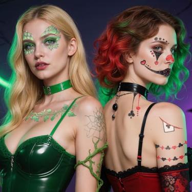Imagem de 10 folhas de adesivos de Halloween - tatuagens temporárias de rosto de coringa para fantasias de Halloween, maquiagem, decorações, lembrancinhas de festa para mulheres e homens, adultos