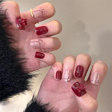 Imagem de Kit de unhas vermelhas com strass quadrado curto, kit de cola falsa em unhas com design de laço 3D para mulheres, cobertura total, acrílico artificial, bastão falso na unha para uso diário, casamento