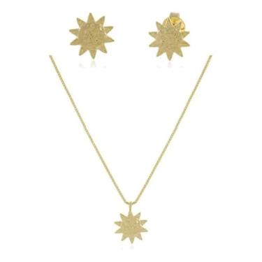 Imagem de Guymy Semijoias Conjunto Solar Folheado a Ouro 18K, Colar e Brincos com Sol em Alto-Relevo, Banho Hipoalergênico, Corrente 45cm, Pingente 1,8cm