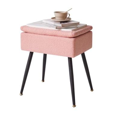 Imagem de Aibiju Cadeira de toucador com armazenamento, banquinho retangular de pele de pelúcia sintética com pernas de metal, mesa lateral de maquiagem para quarto de maquiagem, quarto, rosa YD-SMS137P