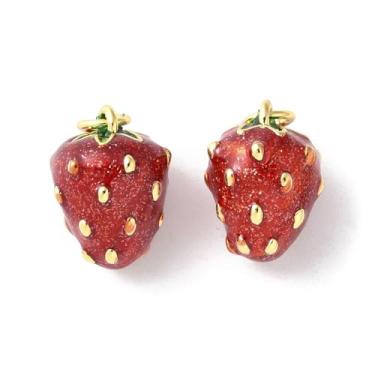 Imagem de 1 pingente de morango esmaltado, pingente de frutas banhado a ouro 18 K real com anel de salto para colar faça você mesmo, pulseira, brinco, colar, chaveiro, fabricação de joias