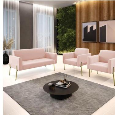 Imagem de Sofá Namoradeira e 2 Poltronas Pé de Ferro Dourado Marisa Veludo Rosê 