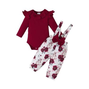 Imagem de Conjunto De Roupas Para Bebê Menina Com Body De Manga Longa Vermelho E