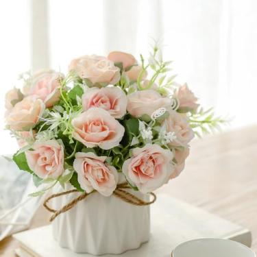 Imagem de TKAS Arranjo de flores falsas em vaso de cerâmica, rosas artificiais de seda sintética, floral pequeno realista de estilo seco, mesa de jantar para decoração de casa de festa de casamento (rosa)