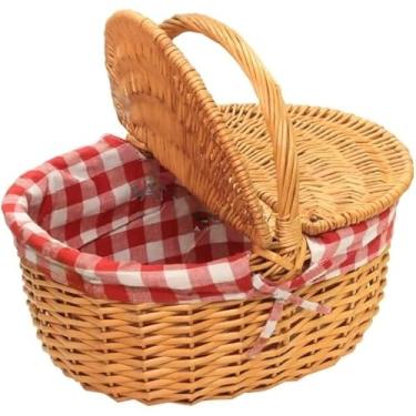 Imagem de Cesta de Piquenique de Fibras Naturais, Forrada Internamente com Tecido Xadrez, Grande Capacidade