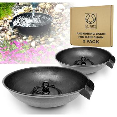 Imagem de Bacia de captura de tigela de derramamento de 30,5 cm para ancoragem e estaca de corrente de chuva | Coleta de água da chuva para calha de telhado | Bom para fonte de água e banho de pássaros | Preto