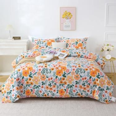 Imagem de Mooreeke Conjunto de edredom floral, tamanho casal, botânico, verde e amarelo, para todas as estações, cama vintage de 3 peças em uma bolsa com edredom acolchoado fofo reversível e 2 fronhas