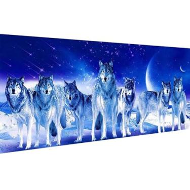 Imagem de Pintura artística de diamante grande, kit de pintura de diamante redondo DIY Wolf Pack para adultos iniciantes, strass de cristal para presente de decoração de parede de casa, 30 x 90 cm