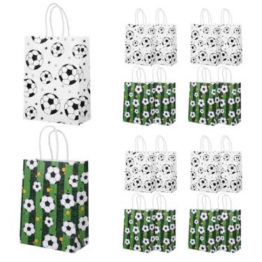 Imagem de Pacote com 16 sacos de presente de futebol impressos em papel para lembrancinhas de festa, sacos de brindes de futebol com alça para decoração de festa de tema esportivo, suprimentos de celebração de