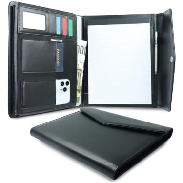 Imagem de Pasta profissional de couro vegano com fecho magnético, organizador de fichário de portfólio tamanho carta A4 com prancheta, portfólio de negócios elegante para mulheres e homens (preto)