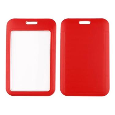 Imagem de BKBKAAK Pacote com 2 porta-cartões vermelhos, porta-crachás de identificação de plástico transparente, compartimento superior para cordão e chaveiro, capa de cartão de PVC reutilizável para trabalho