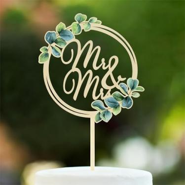 Imagem de Mr & Mrs Cake Topper - Enfeite de bolo dourado acrílico verde aniversário de casamento, topo de bolo de noiva e noivo