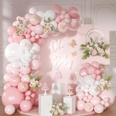 Imagem de NUTTYBASH Kit de arco de balão rosa claro, 126 peças, kit de guirlanda de balões rosa e branco para casamento, aniversário, chá de bebê, revelação de gênero, decorações de festa de chá de panela