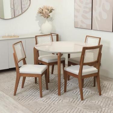 Imagem de Conjunto de Jantar Mesa Redonda com Vidro Donatella com 4 Cadeiras Saga - Natural c/ Cru