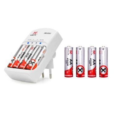 Imagem de Carregador de Pilhas Bivolt MOX + 8 Pilhas Médias AA Recarregáveis