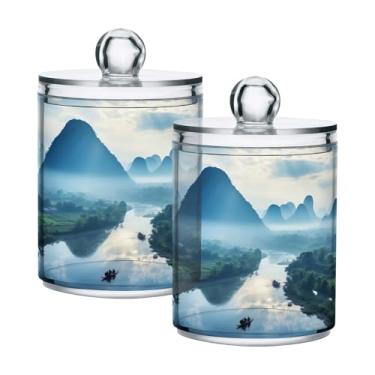 Imagem de ATTX Dispensador de suporte Qtip para paisagem de montanha para bola de algodão, cotonete, frasco de boticário transparente, decoração de casa, pote de armazenamento de cozinha, pacote com 2 (617)