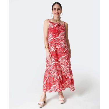 Imagem de Vestido Longo Feminino Folhas Alças Finas Marisa-83039, Vermelho, P