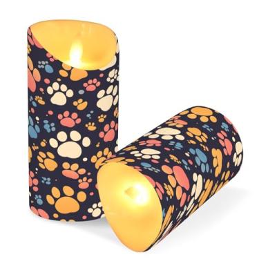 Imagem de Blueangle Pacote com 2 velas coloridas de pata de gato sem chama com controle remoto e temporizador, velas LED cintilantes (7,6 cm x 15 cm) para decoração de casa, casamento, acampamento (378)