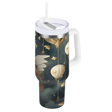 Imagem de Wassud Copo de balão Flying Girl on A com alça e tampa de canudo copo isolado garrafa de água de aço inoxidável à prova de vazamento caneca de viagem presentes para mulheres 1,134 g