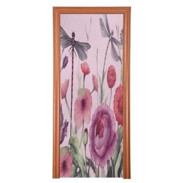 Imagem de Wassud Capa para porta, decoração de margaridas grandes e libélulas, 96 x 98 polegadas, faixa elástica para porta interna para varanda