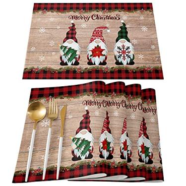 Imagem de Jogo americano com 4 gnomos, decoração de Natal, xadrez, buffalo, vermelho, preto, linha de algodão, resistente a manchas, lavável para férias, mesa de jantar, flocos de neve de inverno