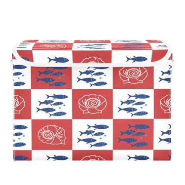 Imagem de Wassud Cestos de armazenamento dobráveis com tampas, peixes e conchas, cestas organizadoras de tecido dobrável xadrez para armário, casa e decoração sazonal 41,5 x 32,5 x 39 cm