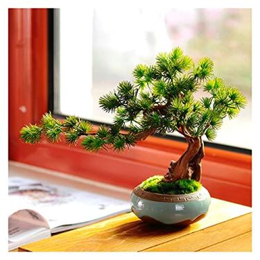 Imagem de uhyOHF Bonsai artificial de plantas falsas, plantas artificiais de 20 cm em vaso, linda planta de bonsai de pinheiro, para decoração de sala de estar, salão, vegetação de mesa sintética (