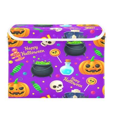 Imagem de Wassud Cestas de armazenamento de Halloween com tampas, elementos de Halloween, caixotes dobráveis empilháveis de tecido, cestas de linho, organizador de armário, recipiente 42 x 32 x 30 cm