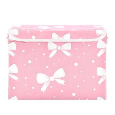 Imagem de xigua Cestos de armazenamento de laços brancos com tampas e alça de transporte, caixas de armazenamento dobráveis organizadores recipientes cestos cubo com capa para casa, quarto, armário, escritório