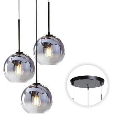 Imagem de Luminária de teto com 3 pendentes, lustre grande de vidro em formato de cluster, estilo nórdico, com detalhes em vidro mercurizado.