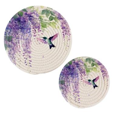 Imagem de Wassud Conjunto de flores e beija-flor para pratos quentes, suportes redondos de panela, almofadas quentes de algodão, porta-copos elegantes, decoração de cozinha e acessórios, 2 peças