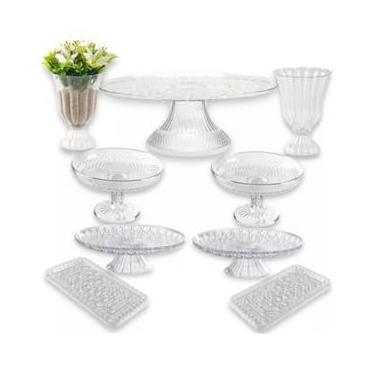 Imagem de Kit Festa de Luxo em Acrílico Lapidado – 1 Boleira 30cm, 2 Vasos Slim, 2 Boleiras Lapidadas, 2 Doceiras Cristal, 2 Bandejas Retangulares – Decoração Elegante para Eventos