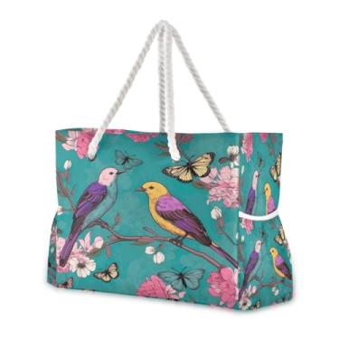 Imagem de Wassud Bolsa de praia com estampa de pássaros no ramo, grande, para mulheres, impermeável, à prova de areia, bolsa de viagem com zíper e bolso para piscina, academia, acampamento