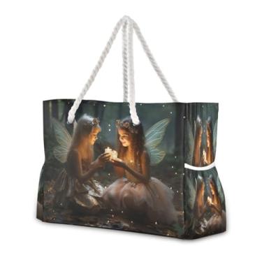 Imagem de Wassud Bolsa de praia Lovely Angels Bolsa de praia grande para mulheres, impermeável, à prova de areia, bolsa de viagem com zíper e bolso para piscina, academia, acampamento