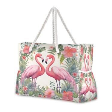 Imagem de Wassud Bolsa de praia grande para mulheres, flamingos e flores, impermeável, à prova de areia, bolsa de viagem com zíper e bolso para piscina, academia, acampamento
