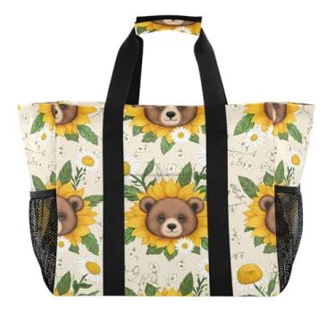 Imagem de Wassud Urso e girassóis reutilizável sacola grande bolsa de compras impermeável organizador de lona para praia, piquenique, lavanderia, viagem