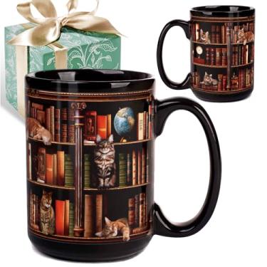 Imagem de Puouoonyi Caneca de café de livro de gato, presentes para amantes de livros, caneca de biblioteca de 425 g, presentes de livros para leitoras e escritoras bibliotecárias, ideia de presente de