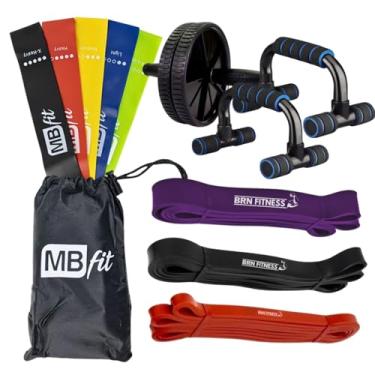 Imagem de Kit Faixa Elástica BRN FITNESS 10Pcs Miniband Exercicio Fisioterapia + Extensor Superband Treino Funcional + Kit Fitness Roda Abdominal e Suporte Para Flexão Portavel Casa Academia Parque