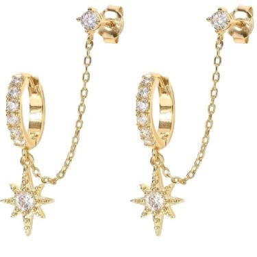 Imagem de 1 par de brincos femininos de corrente moderna/brincos de argola de corrente dupla perfurada/brincos de zircão sintético estrela brilhante