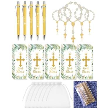 Imagem de JarThenaAMCS 20 conjuntos de canetas esferográficas de primeira comunhão com rosário de cruz de batismo e marcador de página para celebração cristã