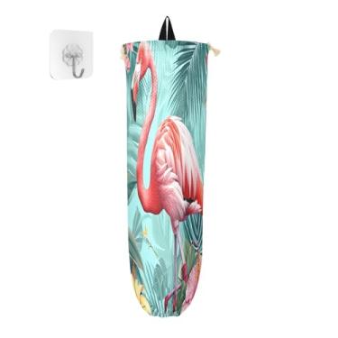 Imagem de Flamingo rosa em suporte de sacola de compras de hibisco tropical, bolsa para sacolas plásticas, organizador de sacolas de cozinha